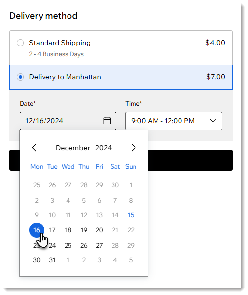Captura de tela das opções de entrega na página de checkout de um site Wix onde você escolhe um dia e horário