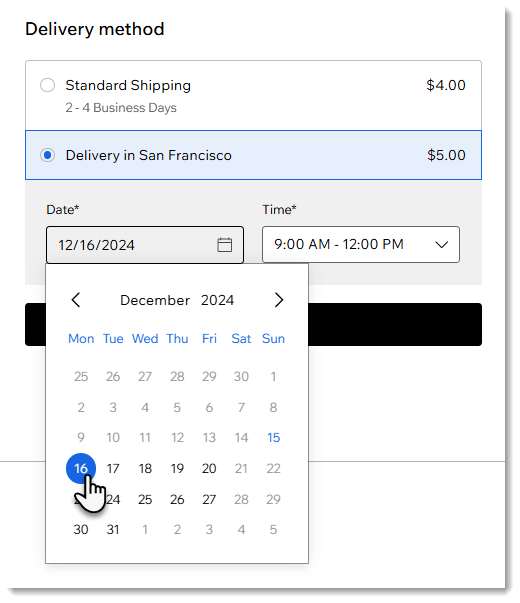 Screenshot of the delivery options on the checkout page of a Wix site where you choose a day and time