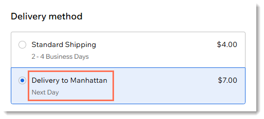 Screenshot of the delivery options on the checkout page of a Wix site