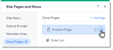 Captura de tela da seção Páginas e menu no Editor Wix, com as configurações da página de produto indicadas