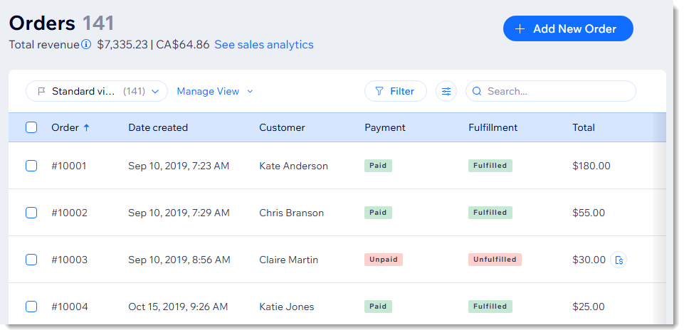 Screenshot of the orders tab in the Wix dashboard