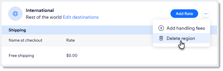 Screenshot of a Shipping region in the Wix dashboard. The delete region option is shown