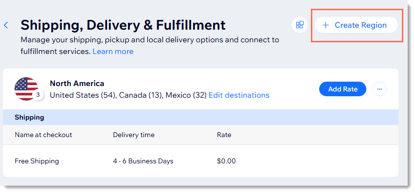 Screenshot of the shipping page in the Wix dashboard with the Create Region button outlined