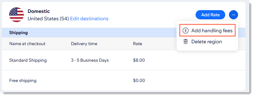 Screenshot of a shipping region in the Wix dashboard with the handling fee option outlined