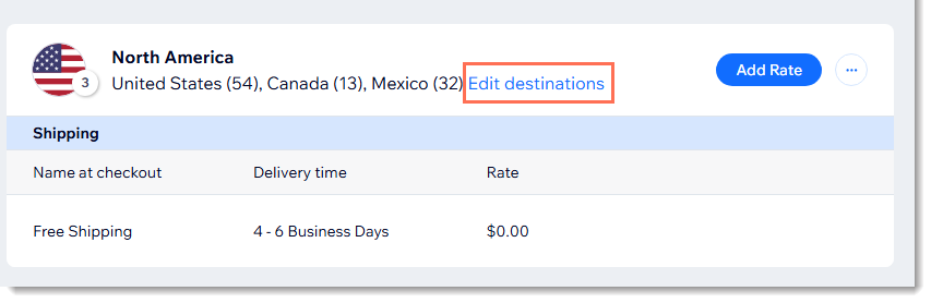 Screenshot of a shipping destination in the Wix Stores dashboard