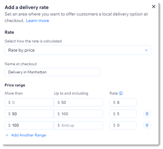 Screenshot of set up window for local delivery rate by price in Wix