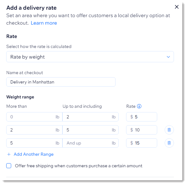 Screenshot of set up window for local delivery rate by weight in Wix