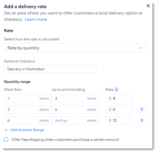 Screenshot of set up window for local delivery rate by quantity in Wix