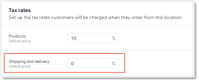 Screenshot of the tax setup for a region in Wix with the shipping and delivery field outlined