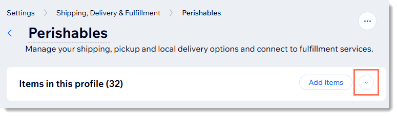 Screenshot of part of the delivery profile page that gives access to items in the profile in Wix stores