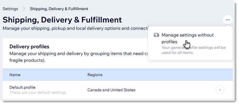 Screenshot in Wix Stores showing how to go back to managing shipping without delivery profiles