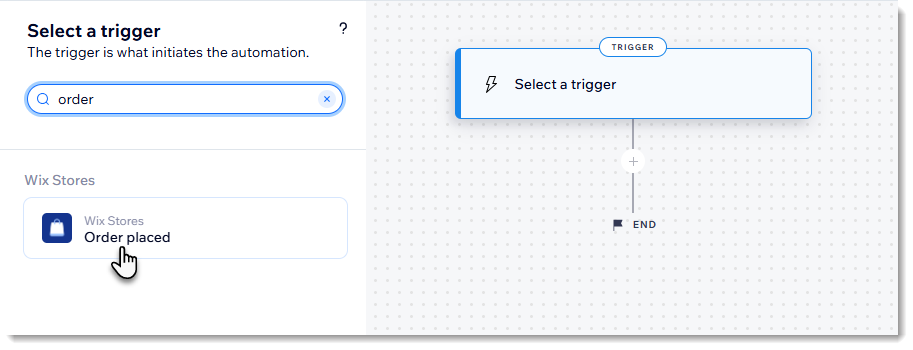 Screenshot of Wix Automations when selecting the Order placed trigger in Wix Stores