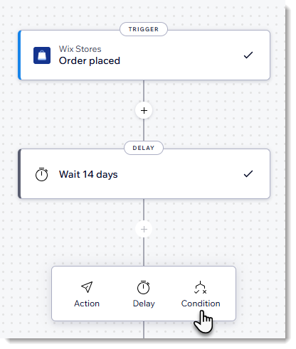 Screenshot of Wix Automations when selecting to add a condition in Wix Stores