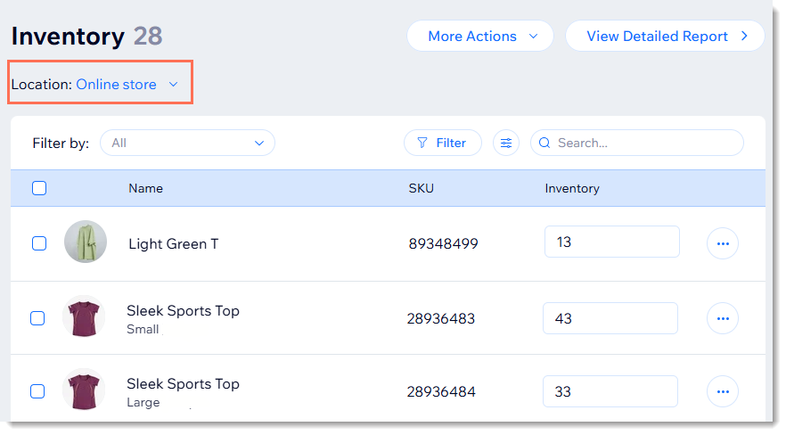 Screenshot of the inventory page for a Wix store with multiple locations, with the location drop-down outlined