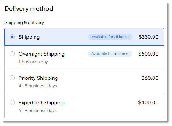 Screenshot of the delivery method options offered at checkout in a Wix store with delivery profiles