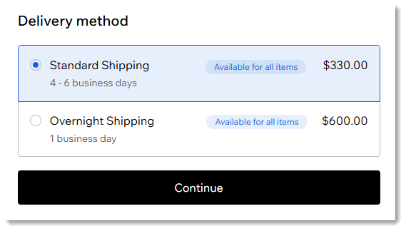 Screenshot of the delivery method options offered at checkout in a Wix store with delivery profiles