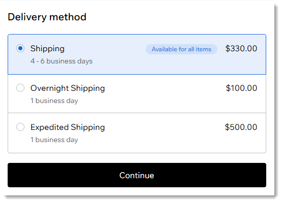 Screenshot of the delivery method options offered at checkout in a Wix store with delivery profiles