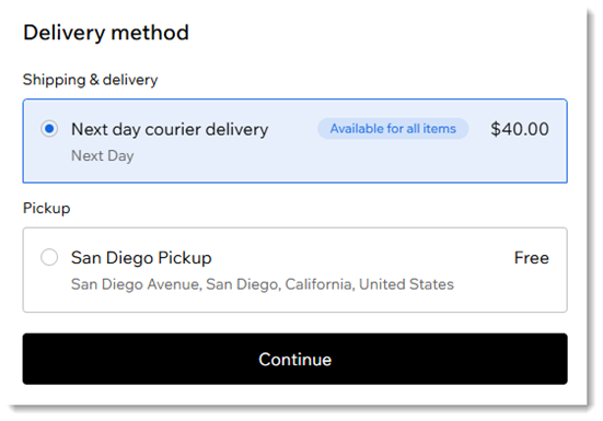 Screenshot of the delivery method options offered at checkout in a Wix store with delivery profiles