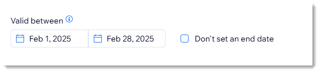 Screenshot of part of the coupon creation page in Wix Stores showing how to limit the dates when a coupon is valid