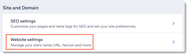 Screenshot of part of the Settings page in a Wix Site. The Website settings are outlined