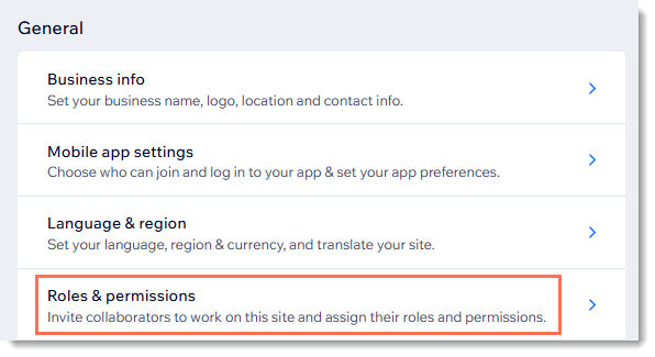 Screenshot of the Settings page in a Wix Site. The Roles & permissions settings are outlined