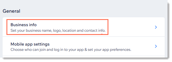 Screenshot of part of the Settings page in a Wix Site. The Business info settings are outlined
