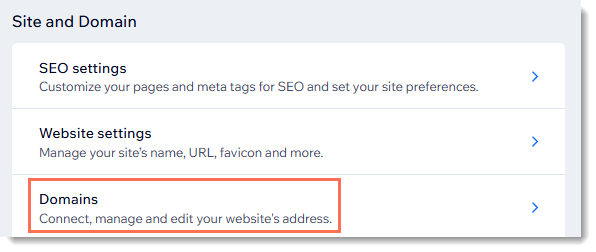 Screenshot of part of the Settings page in a Wix Site. The Domain settings are outlined