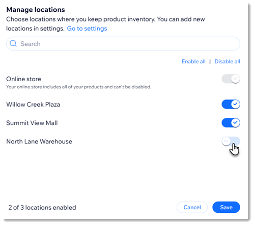 Screenshot of the Manage Locations window in Wix Stores inventory