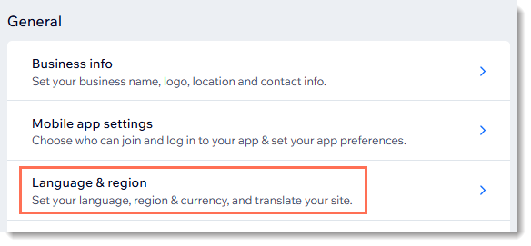 Screenshot of part of the Settings page in a Wix Site. The Language & regions settings are outlined