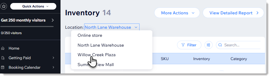 Screenshot of the inventory tab in the Wix Stores dashboard showing the location selector