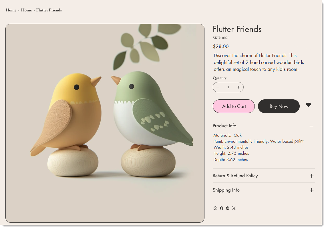 Screenshot of a sample product page in Wix Stores