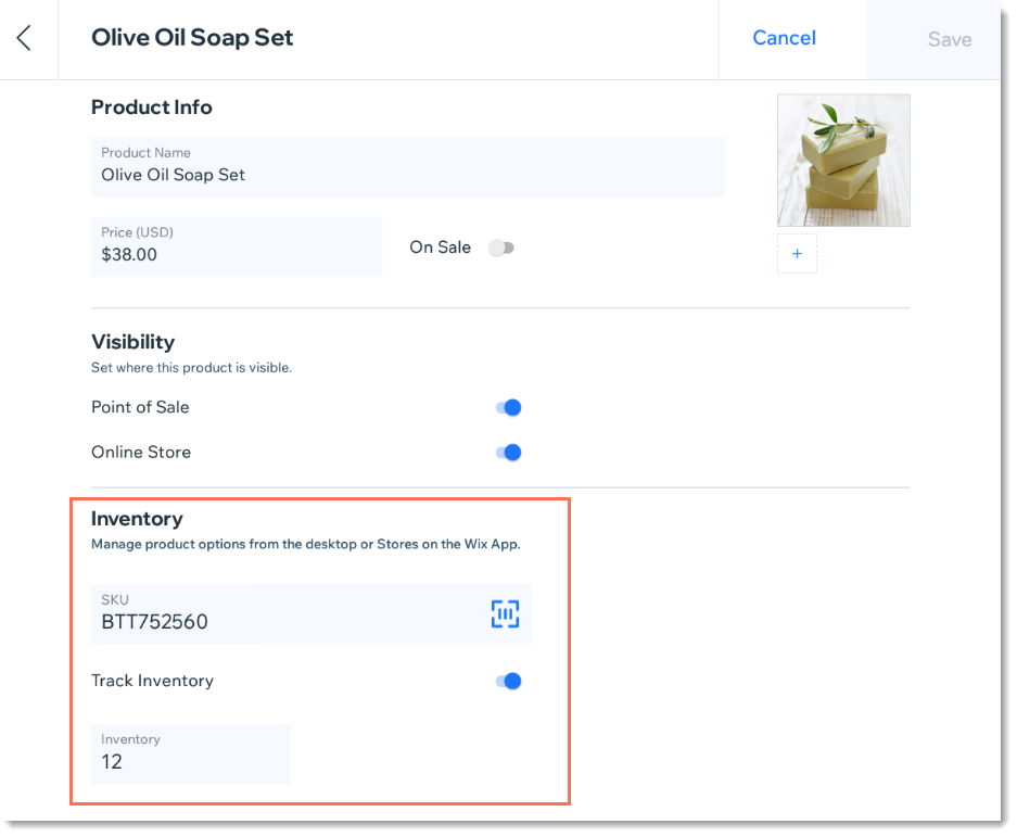Screenshot of part of the products tab in the Wix Retail POS tablet, showing the inventory settings
