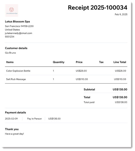 Screenshot of a sample receipt generated through Wix Reciepts