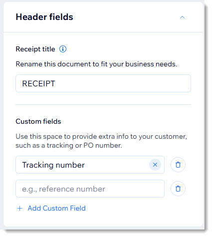 A screenshot showing how to customize the header fields on your receipts.