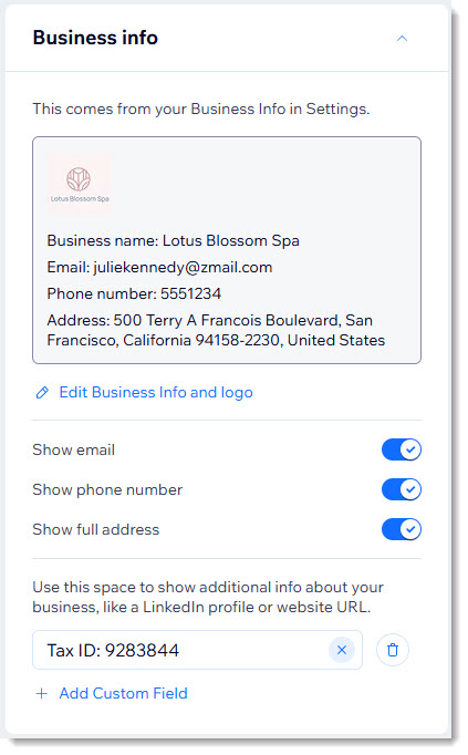 A screenshot showing the customization options for the business info on your receipts.