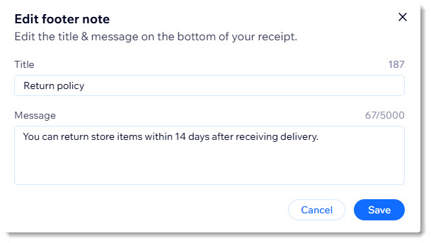 A screenshot showing the footer note options for receipts.