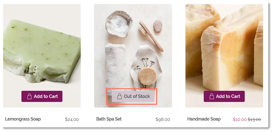 Screenshot of a Product Gallery in a Wix Store where the Add to Cart button text displays Out of Stock instead