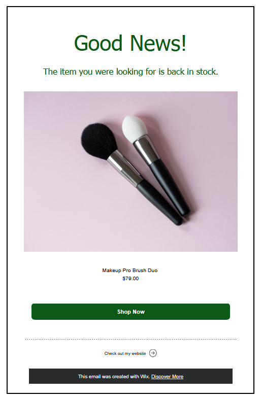 Captura de tela de um exemplo de email automatizado enviado a um cliente em uma loja Wix para notificar que um produto está de volta ao estoque