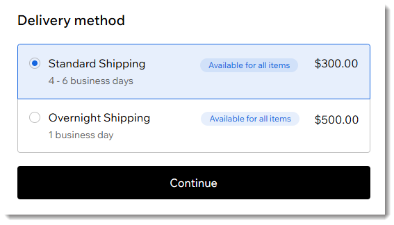 Screenshot der Optionen für Liefermethoden, die beim Checkout in einem Wix Store mit Lieferprofilen angeboten werden.