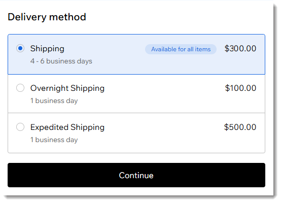Screenshot der Optionen für Liefermethoden, die beim Checkout in einem Wix Store mit Lieferprofilen angeboten werden.