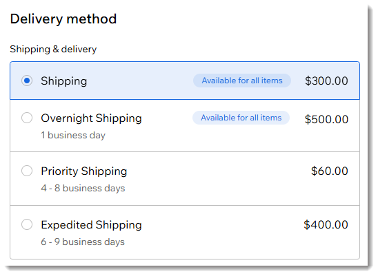 Screenshot der Optionen für Liefermethoden, die beim Checkout in einem Wix Store mit Lieferprofilen angeboten werden.