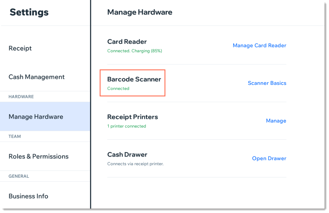 Screenshot of the Manage Hardware screen in the Wix Register POS tablet
