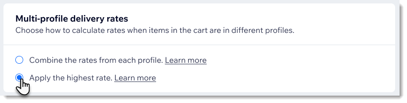 Screenshot der Auswahl der Lieferprofile von Wix, wie sie auf der Live-Website angezeigt werden sollen