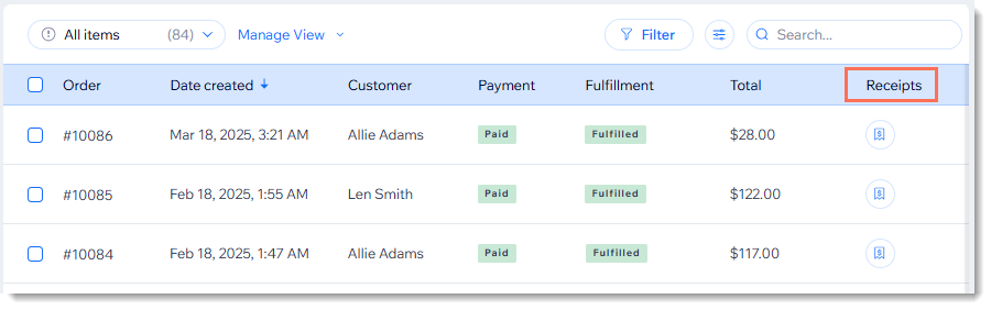 Screenshot of the orders page in Wix with the receipts column outlined