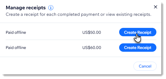 Screenshot of the create receipt popup in Wix for an order with multiple payments