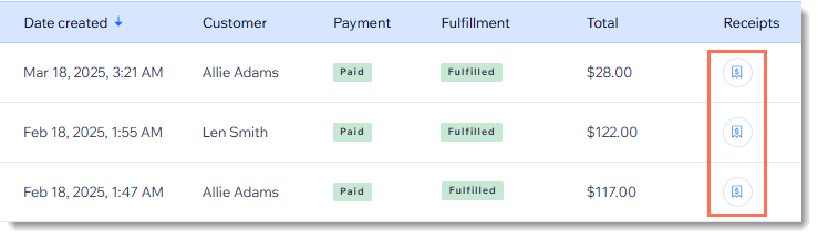 Screenshot of the orders page in Wix with the receipt icons outlined