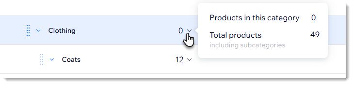 Screenshot of part of the category list page in Wix Stores