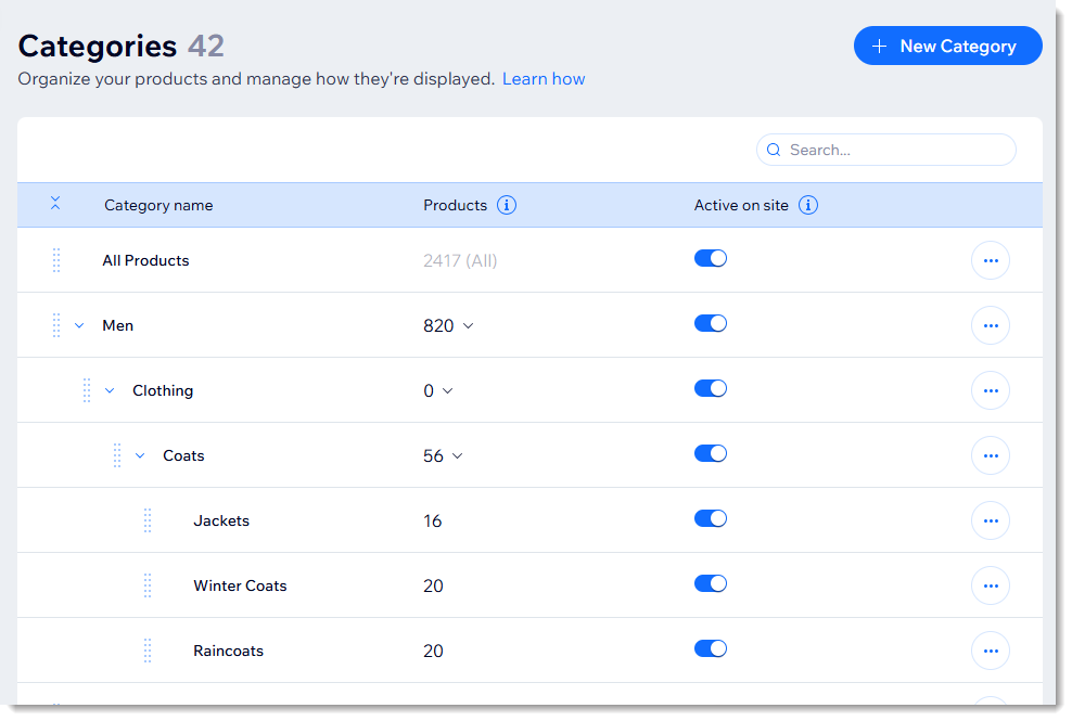 具備 Wix Stores 的 Wix 網站管理介面中類別索引標籤的螢幕截圖