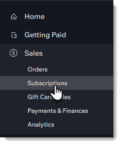 Screenshot di una parte del menu del Pannello di controllo Wix che mostra la scheda Abbonamenti