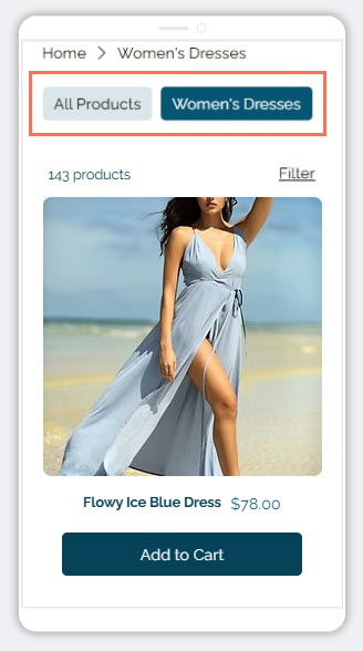 Screenshot showing a horizontal menu in Wix Stores in the mobile view of the Category page